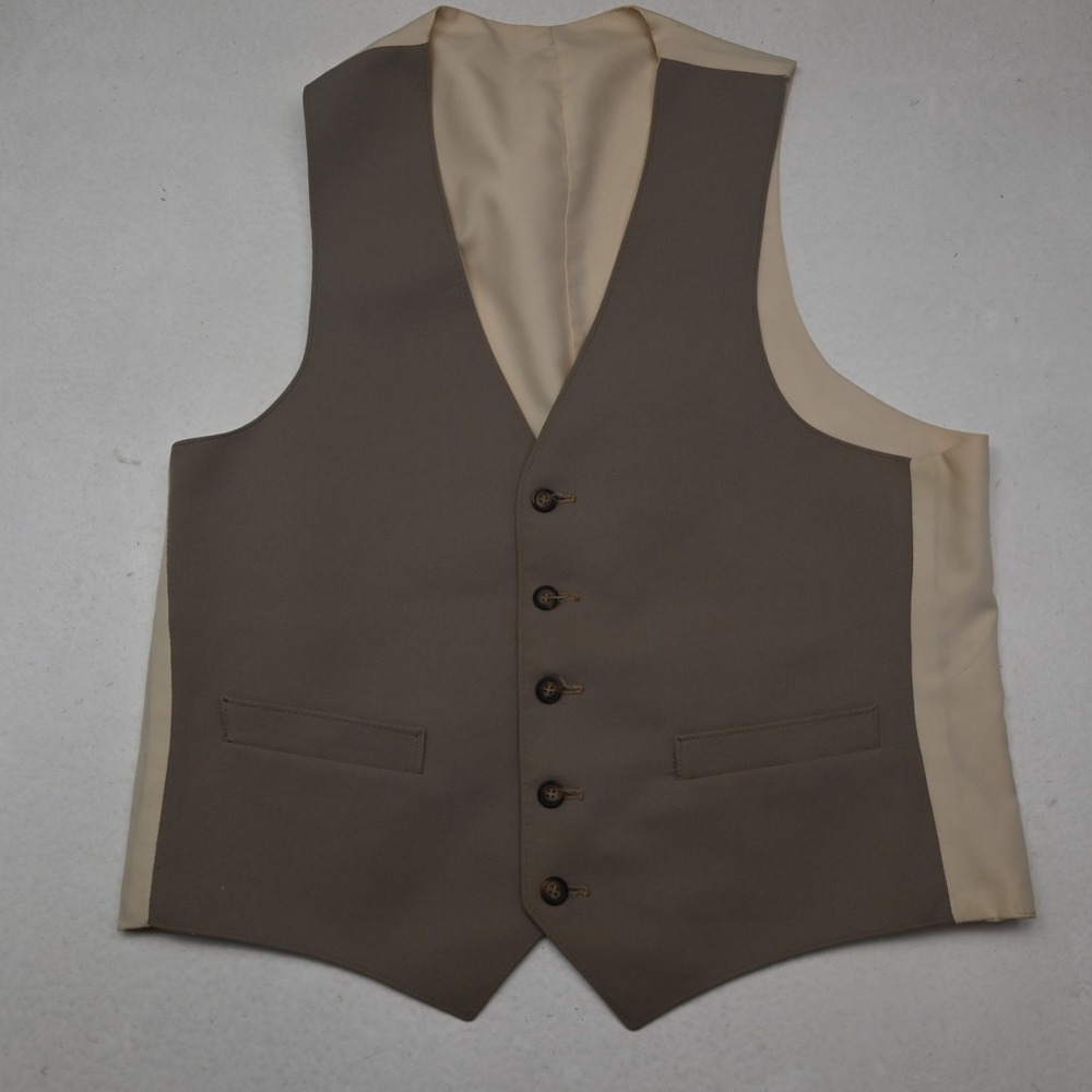 Vtg Mens 70s 80s Medium M Beige Tan Button Front Waistcoat Wedding Suit Vest